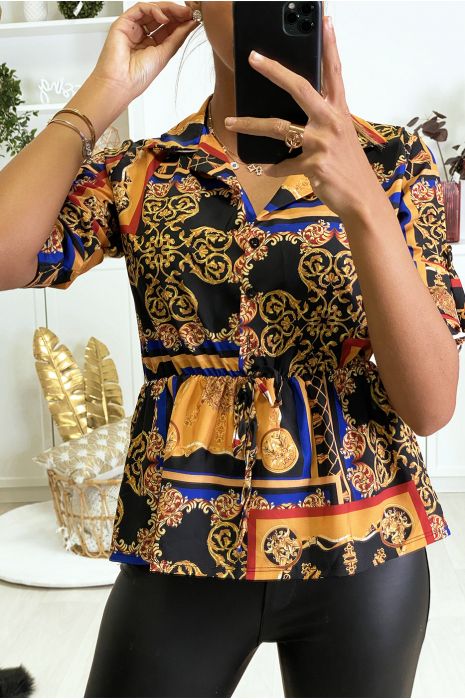 Blouse motif grande marque avec col chemise et élastique à la taille - 5