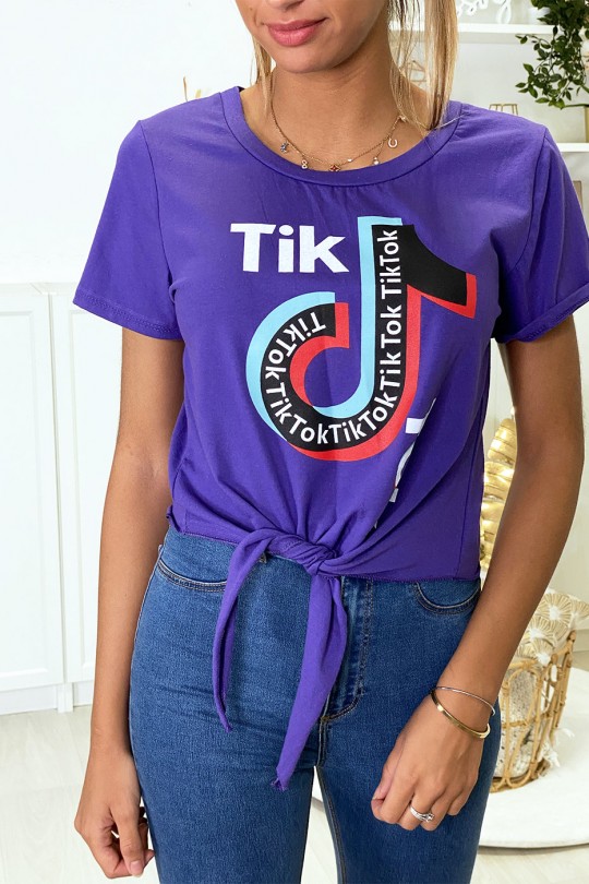 Tee shirt en coton violet avec noeud et écriture TIKTOK - 2