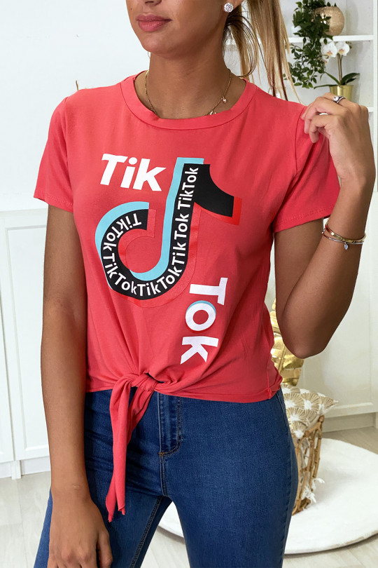Tee shirt en coton fuchsia avec noeud et écriture TIKTOK - 2