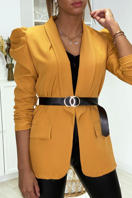VeWVe mustard blazer with puffed shoulders and belt - 2