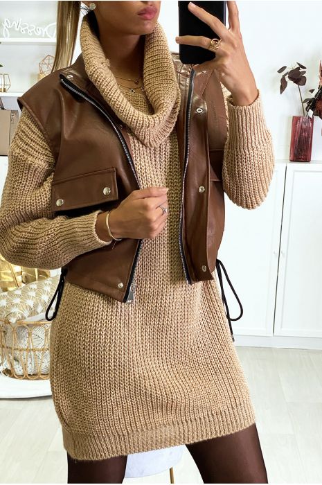Robe pull camel bien épais avec col tombant - 9