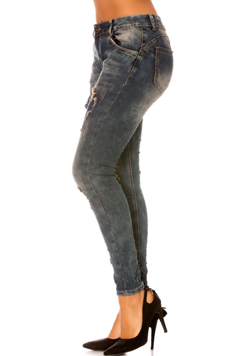 Jeans Bleu délavé avec déchirure bi-matière- H090 - 3
