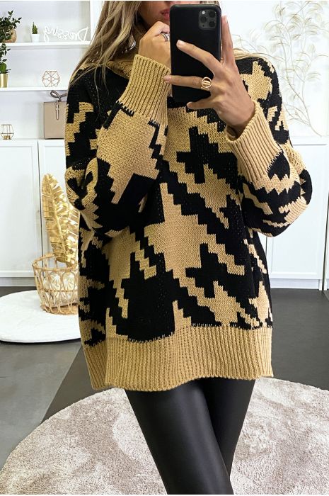 Gros pull over size col roulé motif vichy - 1