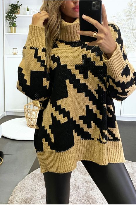 Gros pull over size col roulé motif vichy - 2