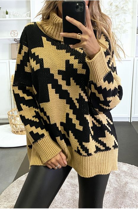 Gros pull over size col roulé motif vichy - 3