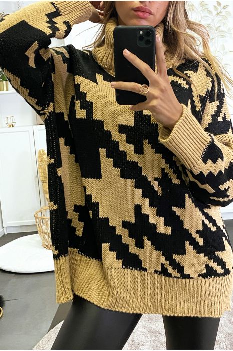 Gros pull over size col roulé motif vichy - 4
