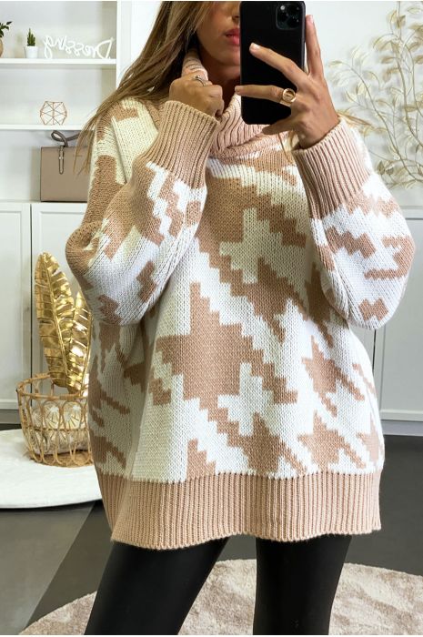 Gros pull over size rose col roulé motif vichy - 1