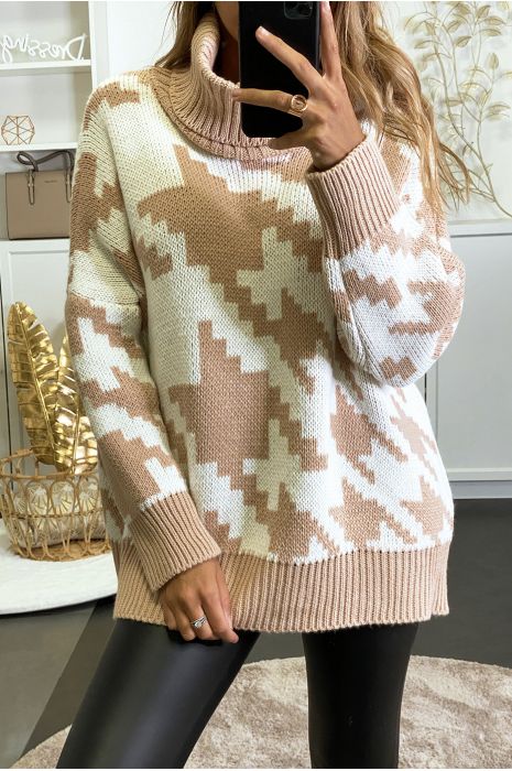 Gros pull over size rose col roulé motif vichy - 2