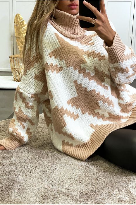 Gros pull over size rose col roulé motif vichy - 3