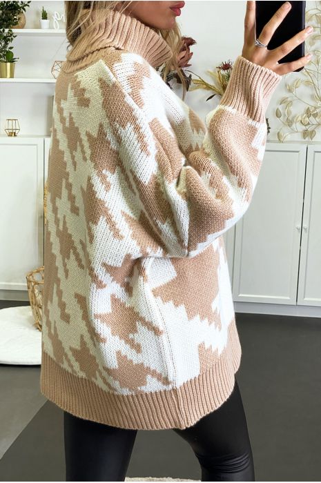 Gros pull over size rose col roulé motif vichy - 4