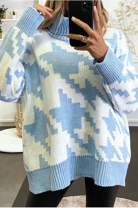 Gros pull over size turquoise col roulé motif vichy - 2