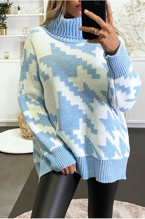 Gros pull over size turquoise col roulé motif vichy - 3