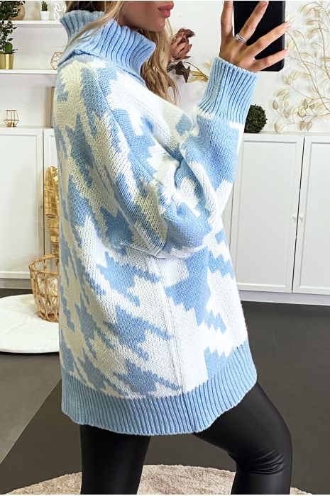 Gros pull over size turquoise col roulé motif vichy - 5