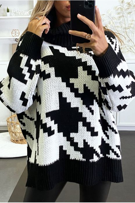 Gros pull over size noir col roulé motif vichy - 1