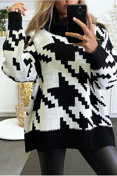 Gros pull over size noir col roulé motif vichy - 2