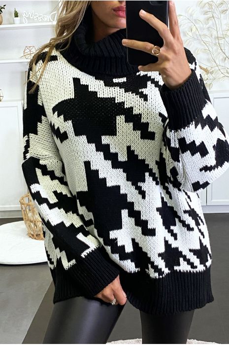 Gros pull over size noir col roulé motif vichy - 3