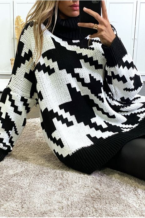 Gros pull over size noir col roulé motif vichy - 4