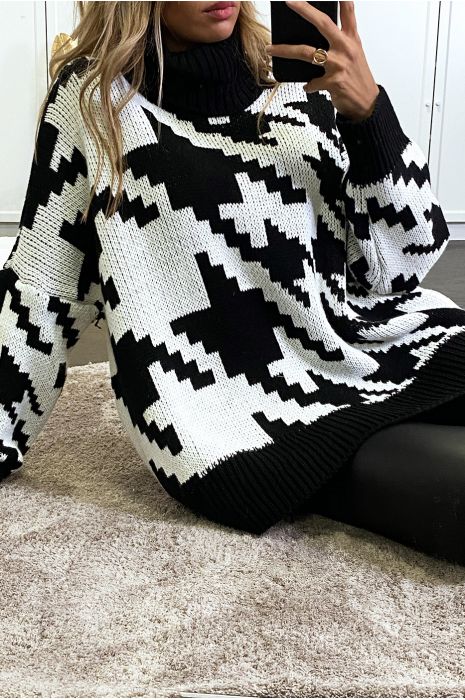 Gros pull over size noir col roulé motif vichy - 5