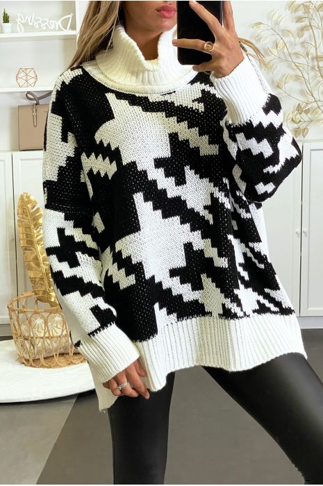 Gros pull over size blanc col roulé motif vichy - 2