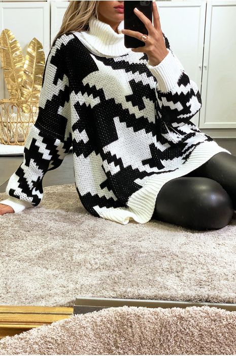 Gros pull over size blanc col roulé motif vichy - 4