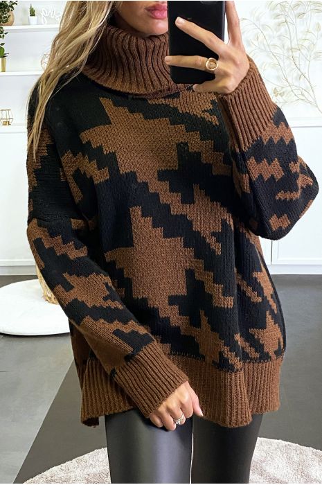 Gros pull over size marron col roulé motif vichy - 2