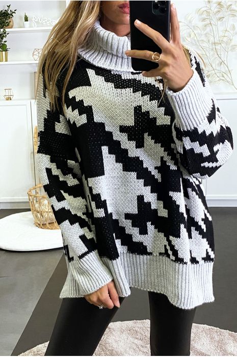 Gros pull over size gris col roulé motif vichy - 1