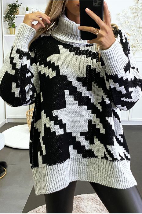 Gros pull over size gris col roulé motif vichy - 2