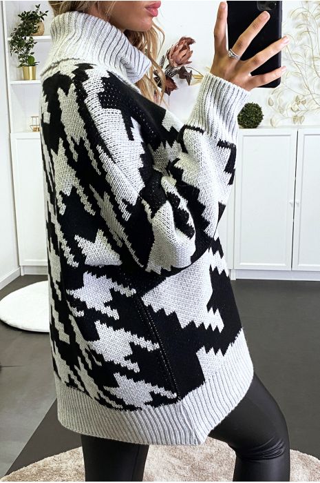 Gros pull over size gris col roulé motif vichy - 3