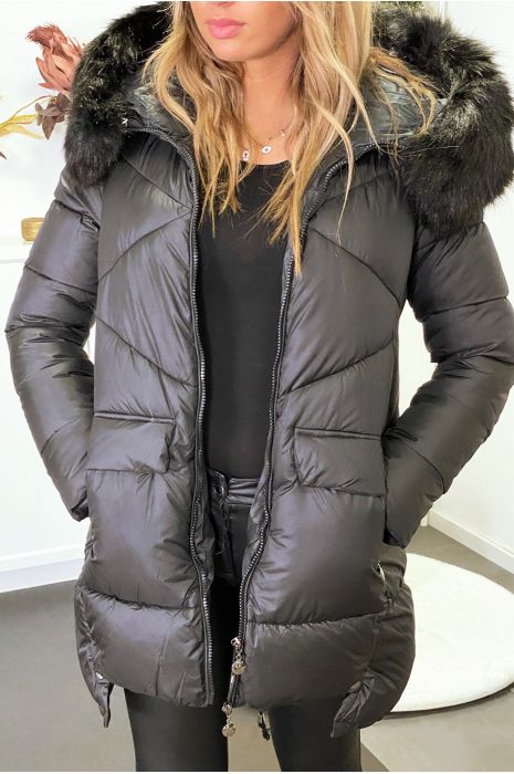 Doudoune noir avec capuche et fourrure synthétique - 1