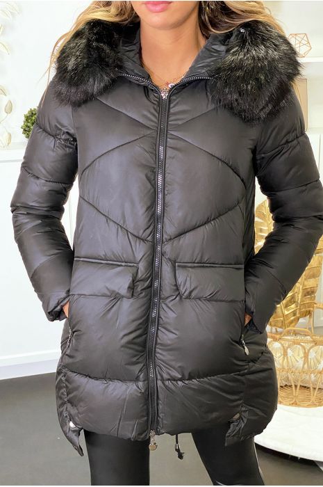 Doudoune noir avec capuche et fourrure synthétique - 6