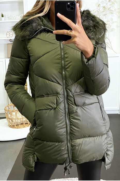 Doudoune kaki avec capuche et fourrure synthétique - 3