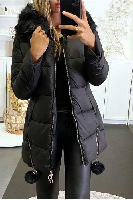 Doudoune noir avec capuche et fourrure synthétique et pompon - 2