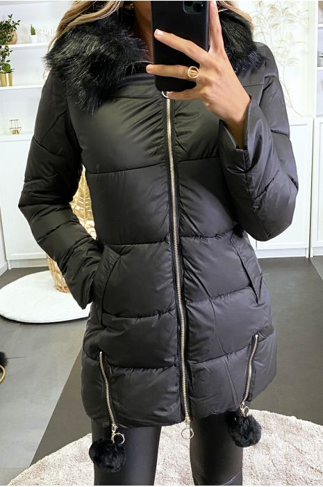 Doudoune noir avec capuche et fourrure synthétique et pompon - 3