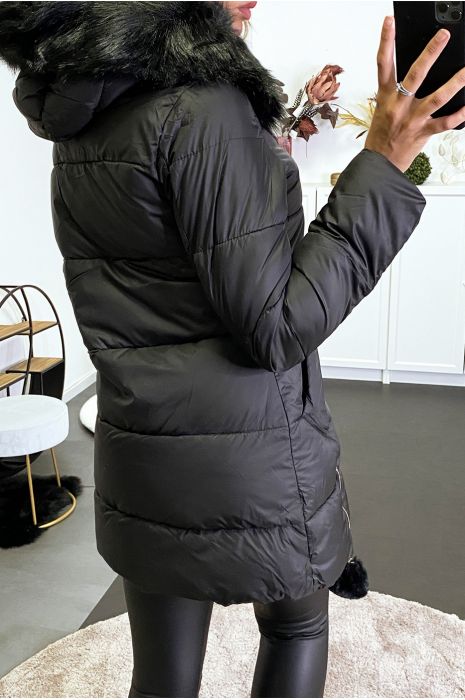 Doudoune noir avec capuche et fourrure synthétique et pompon - 4