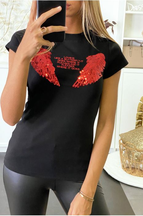 Tee-shirt noir avec motif ailes pailleté - 1