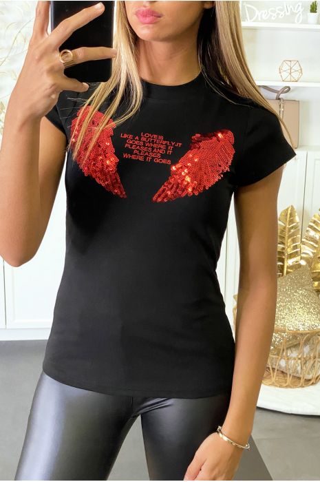 Tee-shirt noir avec motif ailes pailleté - 2
