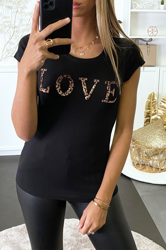Tee-shirt noir avec écriture LOVE en strass motif léopard