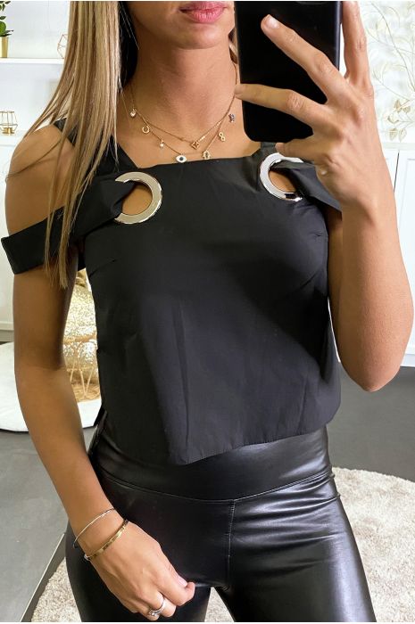 Crop top noir débardeur à grosse boucle fantaisie. - 3