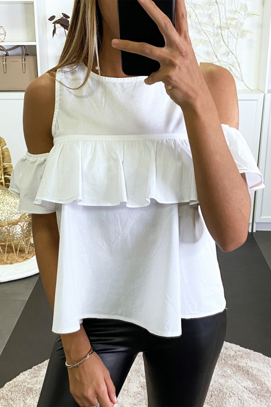 White blouse with ruffle and bare shoulders with puff effect. - 3