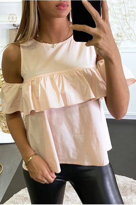 Pink blouse with ruffle and open shoulders with puff effect. - 2