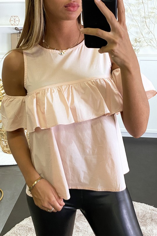 Pink blouse with ruffle and open shoulders with puff effect. - 2