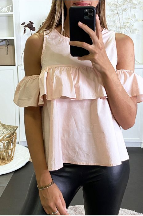 Roze blouse met ruche en open schouders met pofeffect. - 3