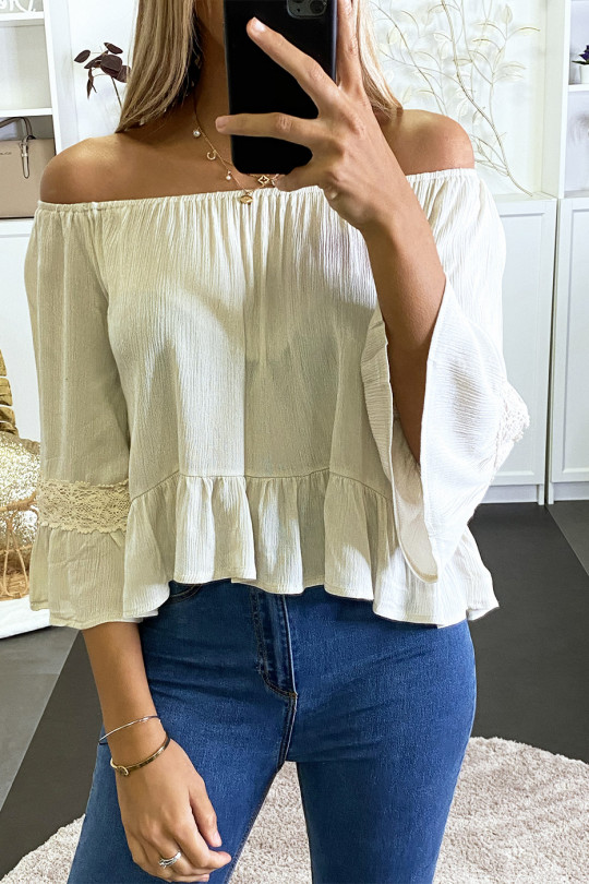 Beige blouse with bardot collar, ruffle sleeves with crochet detail. - 1