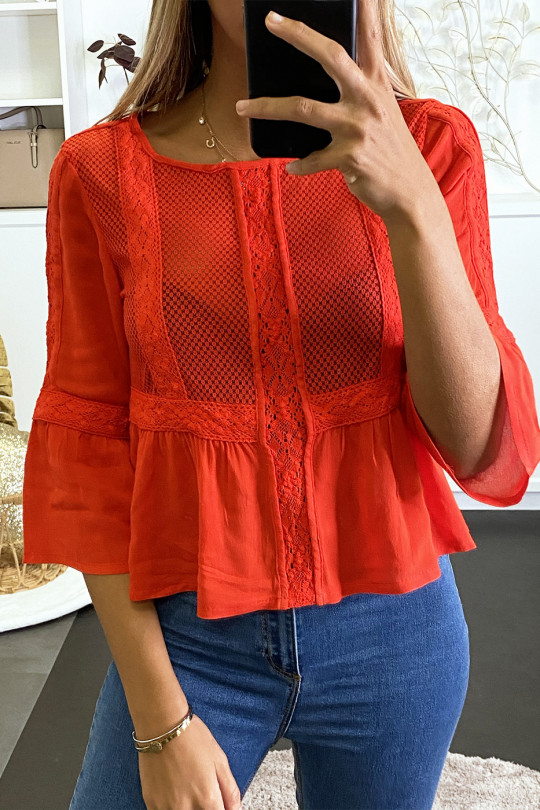 Red blouse with lace on the front and ruffles. - 1