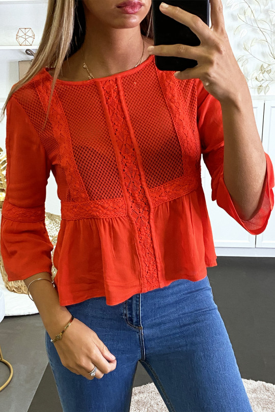 Red blouse with lace on the front and ruffles. - 2
