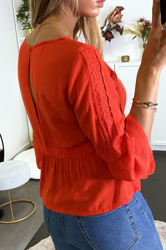 Red blouse with lace on the front and ruffles. - 3
