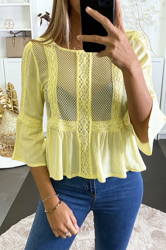 Yellow blouse with lace on the front and ruffles. - 1