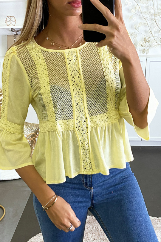 Yellow blouse with lace on the front and ruffles. - 2