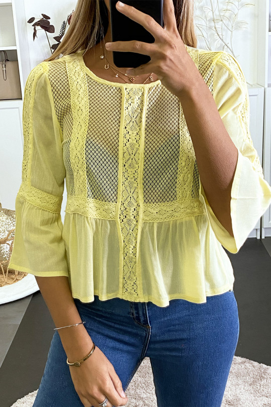 Yellow blouse with lace on the front and ruffles. - 3