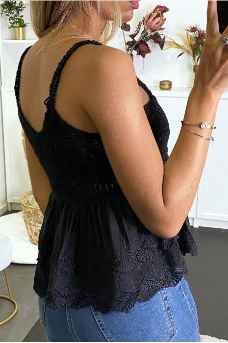 Top débardeur noir à crochet et volant au bas et attache réglable. - 4